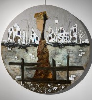 Андреа Стелла — Мысли о о городе, 2018 (гипсовый левкас, натуральные краски, суальное золото, картон, стекло, окисление)