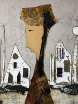 Андреа Стелла — Мысли о о городе, 2018 (гипсовый левкас, натуральные краски, суальное золото, картон, стекло, окисление) фрагмент