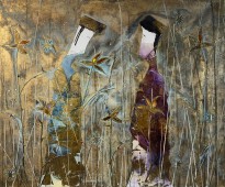 Андреа Стелла — Первое свидание, 2018 (гипсовый левкас, натуральные краски, суальное золото, картон, стекло, оксиление)