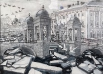 Анна Каждан — Ледоход на Фонтанке, 2020 (бумага, тушь, акварель, темпера)