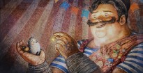 Иллюстрация к книге — цирковой сказке 'БОМ-БОМ-БОМ' (акварель, темпера, карандаш, бумага), 2018