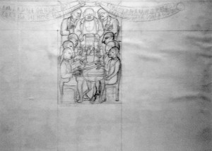 Диего Ривера - Набросок к фреске 'Банкет на Уолл-стрит' в здании Министерства народного образования, 1925 (бумага, карандаш. Собраниме Хуана рафаэля Коронеля Риверы)