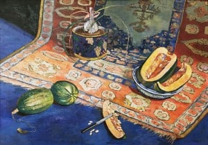 Жоржетт Агютт - Натюрморт с арбузами, вазами и коврами (холст, масло)