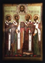 Святители Иоанн Златоуст, Василий Великий, Григорий Богослов и Николай Чудотворец в молении Спасу Нерукотворному - посл. четв. XVII в., Поволжье