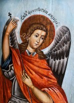 Архангел Михаил, поражающий дьявола, посл. тр. XVIII в., Вологда (дерево, темпера), фрагмент.