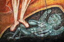 Архангел Михаил, поражающий дьявола, посл. тр. XVIII в., Вологда (дерево, темпера), фрагмент.