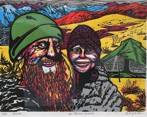 Пол Валентайн - Автопортрет на стоянке в Новой Зеландии, 2017 (деревянные блоки ручной работы, бумага, масло)