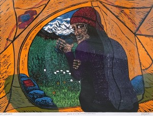 Пол Валентайн - Просыпаясь в горах Кавказа, 2018 (деревянные блоки ручной работы, бумага, масло)