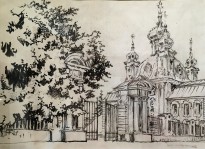 А. Н. Бенуа - Большой дворец в Петергофе. Церковный корпус (бумага, карандаш, тушь)