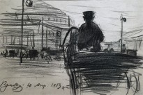 Б. М. Кустодиев - Извозчик возле Мариинского театра, 1913 (бумага, уголь)