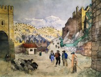 Л. Н. Верховская - Улица испанского города. Страна басков, 1914 г. (бумага, картон, уголь, смешанная техника)