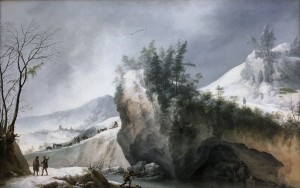 Франческо Фосчи - Снежный пейзаж со скалами и путешественниками, 1750.