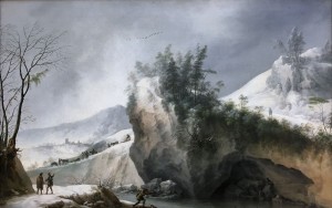 Франческо Фосчи - Снежный пейзаж со скалами и путешественниками, 1750.