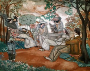 Борис Григорьев - У балюстрады (На лоне природы), 1913 (картон, смешанная техника)