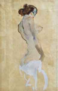 Эгон Шиле - Стоящая обнаженная с покрывалом, 1912 (бумага, акварель, гуашь, графитный карандаш)