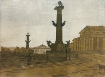 Анна Остроумова-Лебедева — Ростральная колонна и биржа, 1908 (цветная ксилография)