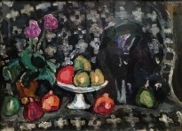 Петр Кончаловский - Примулы и фрукты на диване, 1907 (холст, масло)