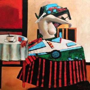 Дитер Вайденбах - За столом, задумавшаяся, 2012 (холст, масло, 120х120 см)