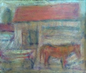 Зисман И. Н. - Лошади у сарая, 1977 (картон, масло)