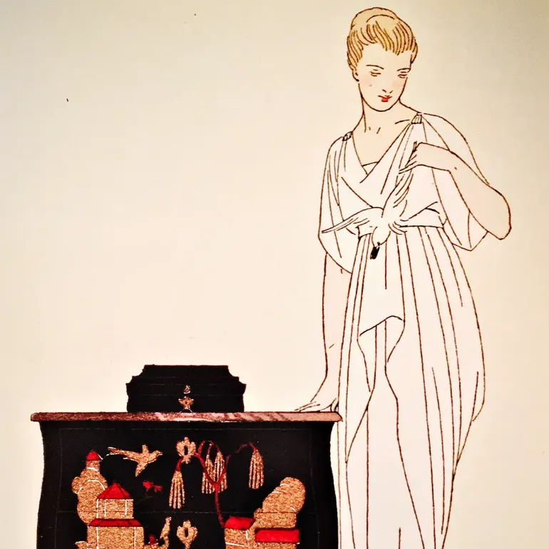 Бернар Буте де Монвель — Лакированный комод, иллюстрация для журнала La Gazette du Bon Ton 1914 (Ручная раскраска по трафарету на бумаге)