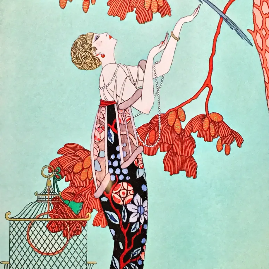 Жорж Барбье — Ах! Прекрасная птица!, Платье для интерьера от Дусе, иллюстрация для журнала Gazette du bon ton, 1913 (трафаретная печать по бумаге)