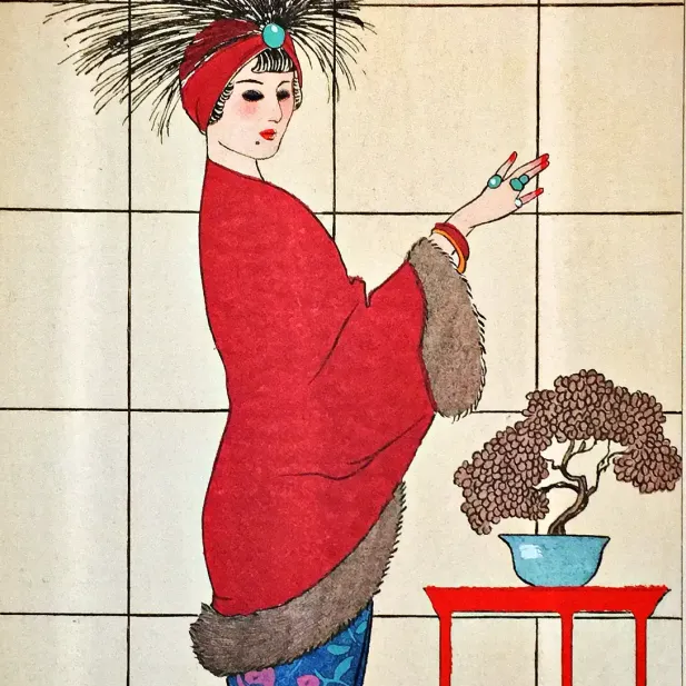 Жорж Барбье — Пальто из дамасской розовой ткани с отделкой из голубого меха лисицы, 1912 (лист, раскрашенный трафаретом по бумаге)