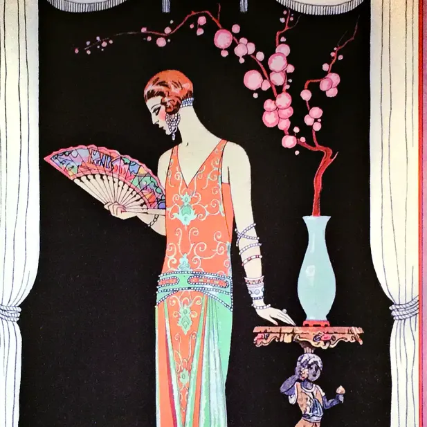 Жорж Барбье — Прекрасная особа. Вечернее платье от Worth. Иллюстрация для журнала La Gazette du Bon Ton 1924-1925 (трафаретная печать по бумаге)