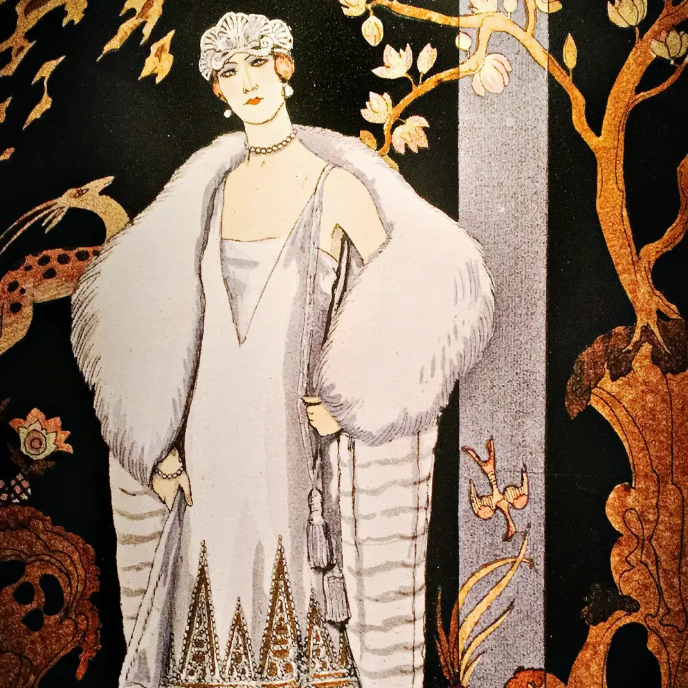 Жоржа Барбье — Империя. Платье и вечернее пальто от Worth (трафаретная раскраска на бумаге)