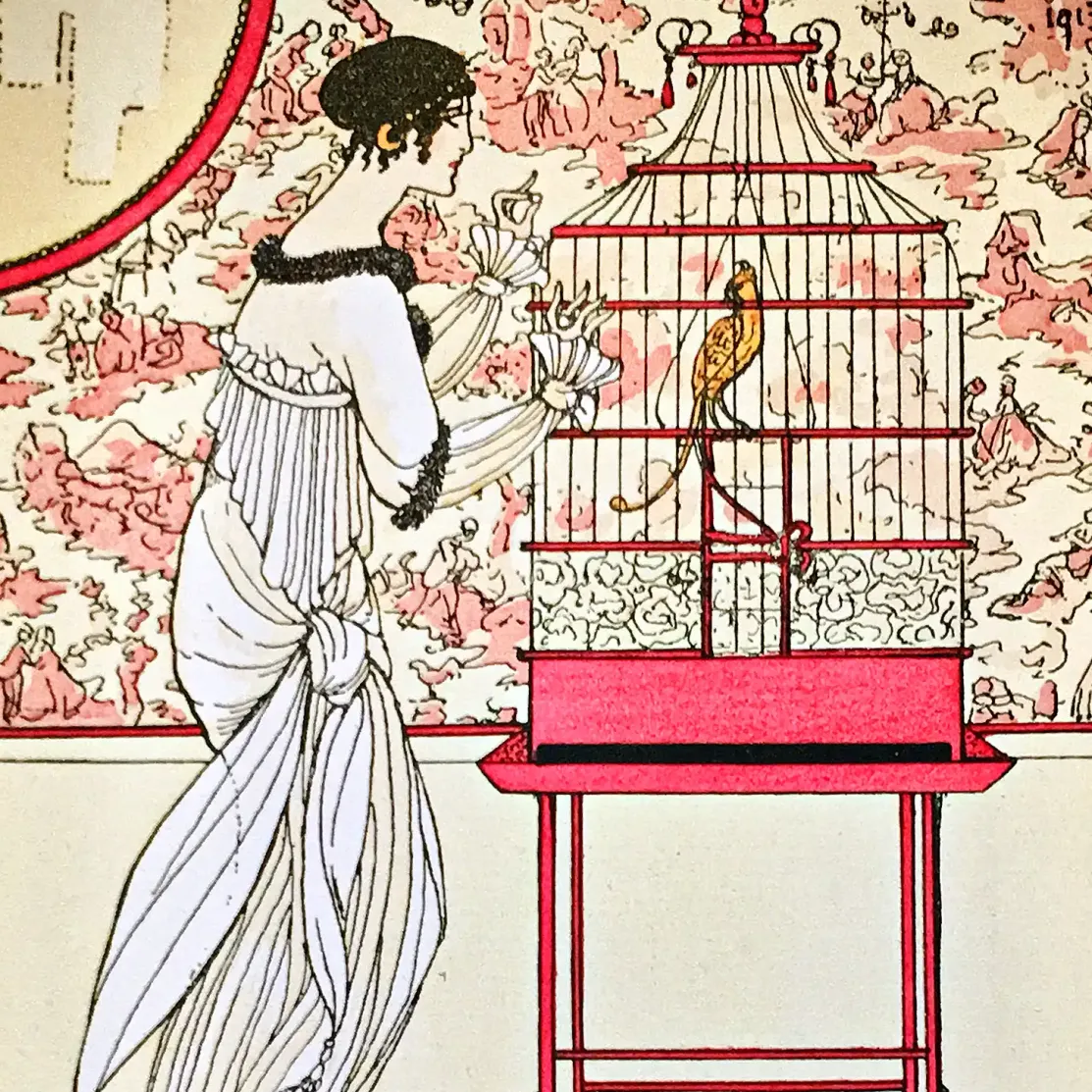 Робер Дамми — Женщина с попугаем, иллюстрация для журнала Gazette du bon ton, 1914 (трафаретная печать по бумаге)
