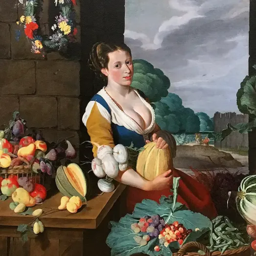 Натаниэль Бэкон — Повариха с натюрмортом из овощей и фруктов, около 1620-1625 (холст, масло)