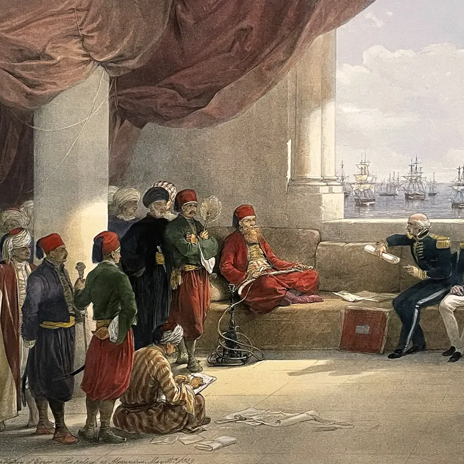 Дэвид Робертс, Луи Хаге — Беседа с вице-королём Египта в его дворце в Александрии, 1849 (Тонированная и вручную раскрашенная литография)