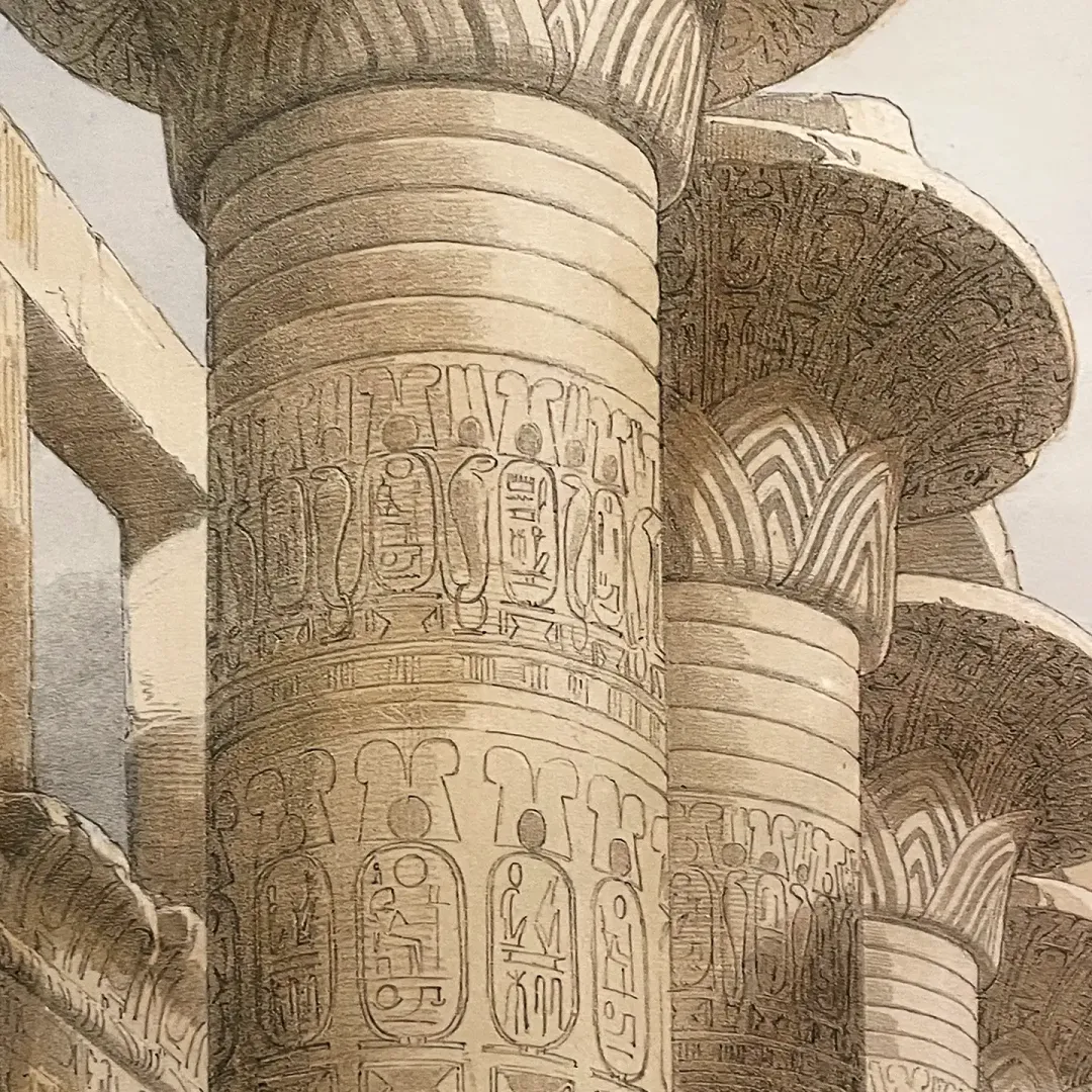 Дэвид Робертс, Луи Хаге — Большой зал в Карнаке, Фивы, фрагмент, 1846 (тонированная и вручную раскрашенная литография)