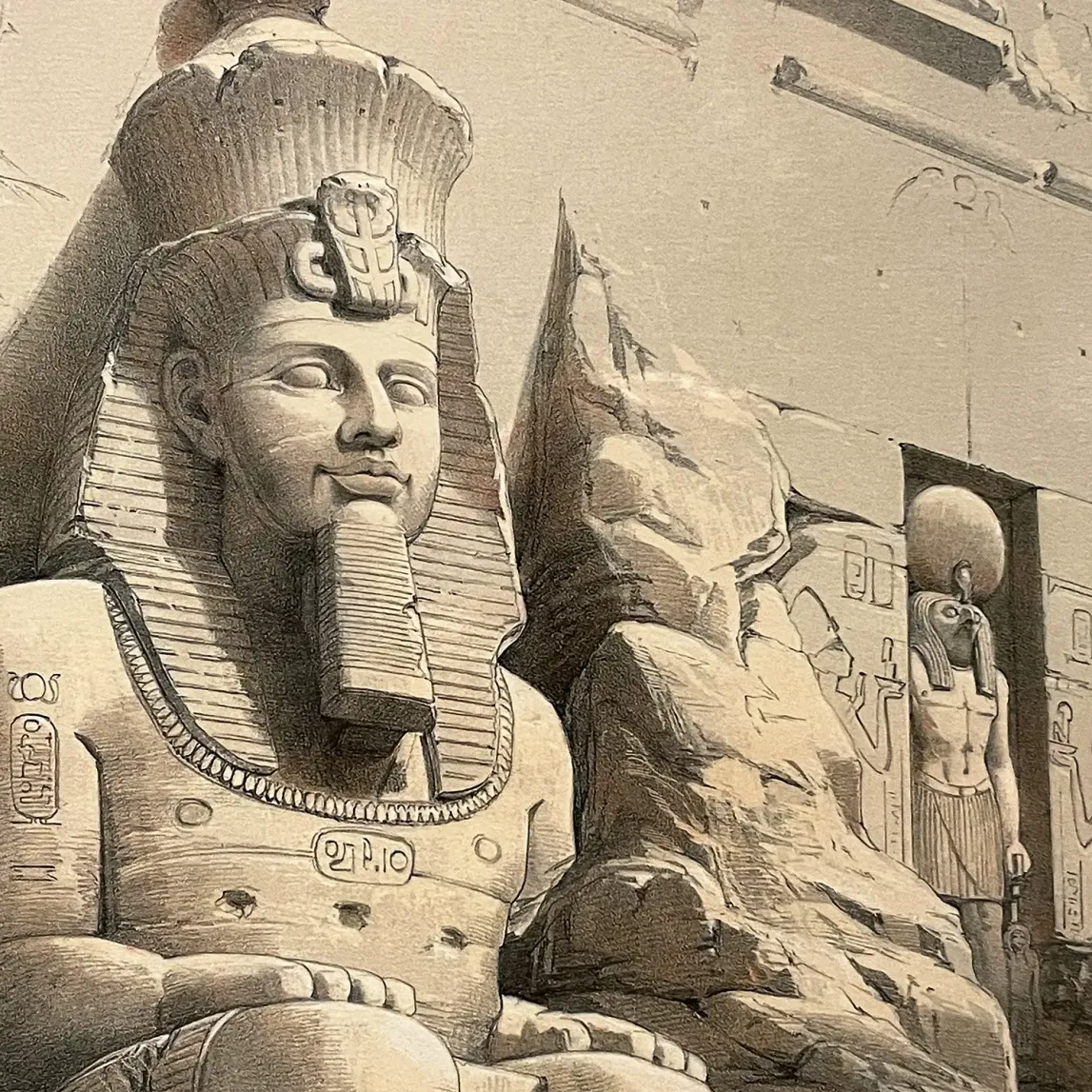 Дэвид Робертс, Луи Хаге — Великий храм Абу-Симбела, Нубия, фрагмент, 1846 (тонированная и вручную раскрашенная литография)