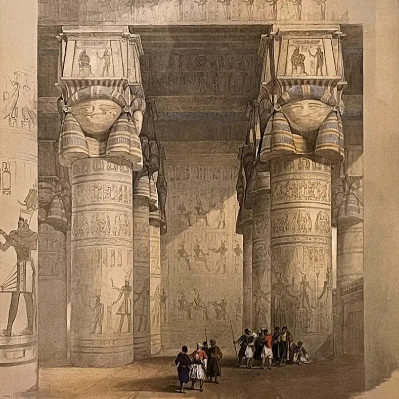 Дэвид Робертс, Луи Хаге — Вид из-под портика храма в Дендере, 1848 (тонированная и вручную раскрашенная литография)