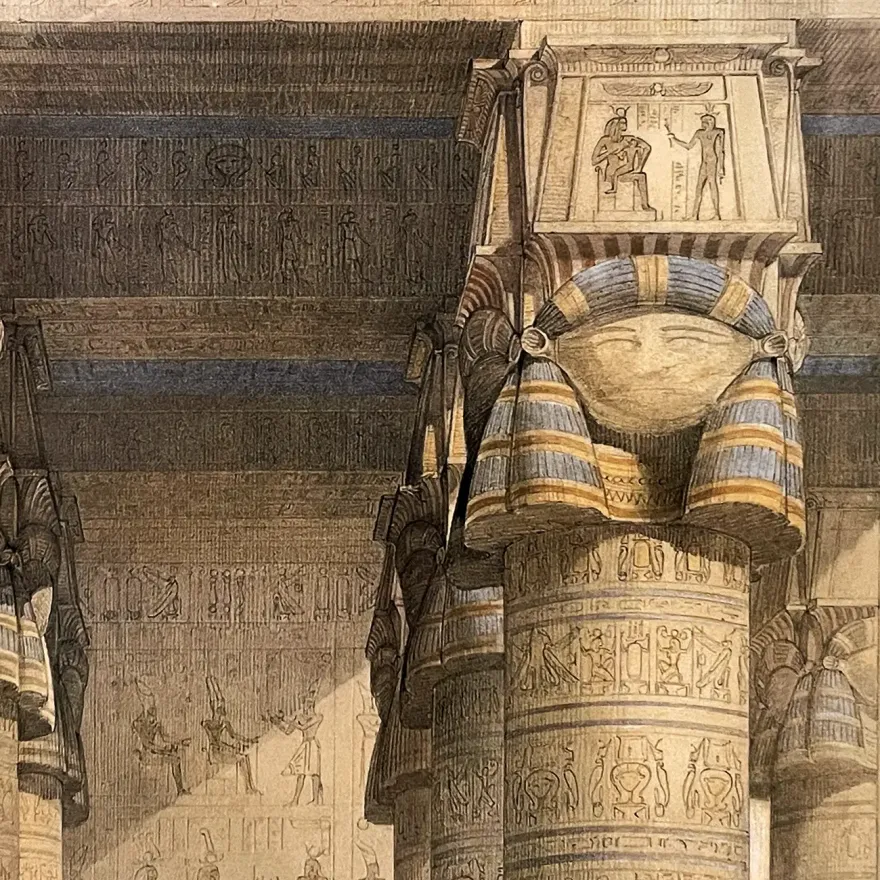 Дэвид Робертс, Луи Хаге — Вид из-под портика храма в Дендере, фрагмент, 1848 (тонированная и вручную раскрашенная литография)