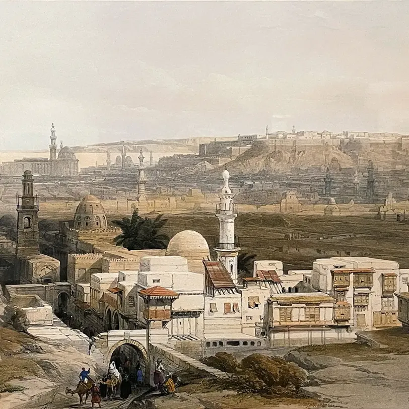 Дэвид Робертс, Луи Хаге — Каир от ворот Цитзениб, с видом в сторону Суэцкой пустыни, 1849 (Тонированная и вручную раскрашенная литография)