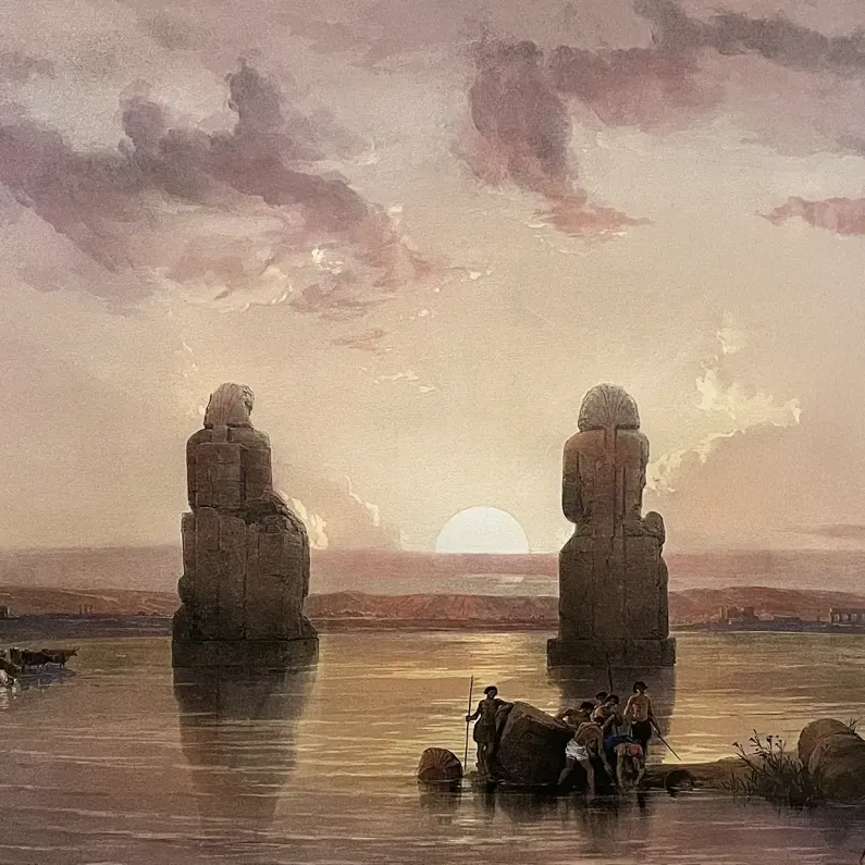 Дэвид Робертс, Луи Хаге — Колоссы Мемнона в Фивах во время разлива, 1848 (Тонированная и вручную раскрашенная литография)._webp