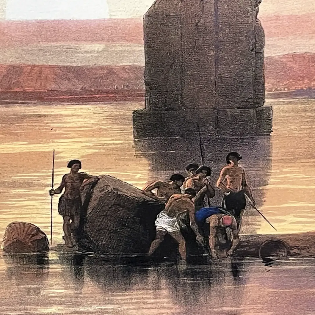 Дэвид Робертс, Луи Хаге — Колоссы Мемнона в Фивах во время разлива,  фрагмент, 1848 (Тонированная и вручную раскрашенная литография)._webp