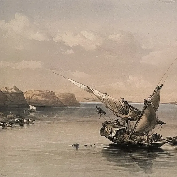 Дэвид Робертс, Луи Хаге — Подступы к крепости Ибрим, Нубия, 1847 (Тонированная и вручную раскрашенная литография) copy