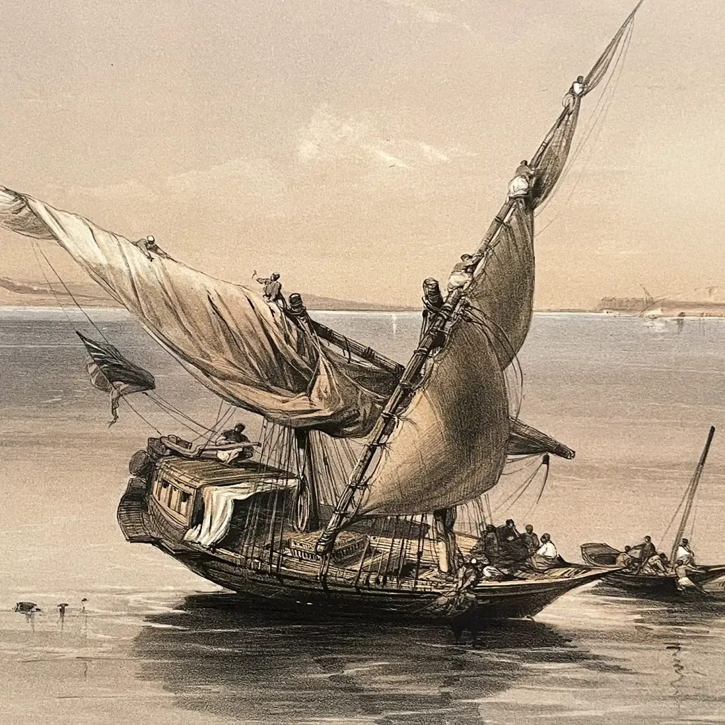 Дэвид Робертс, Луи Хаге — Подступы к крепости Ибрим, Нубия, фрагмент, 1847 (Тонированная и вручную раскрашенная литография) copy