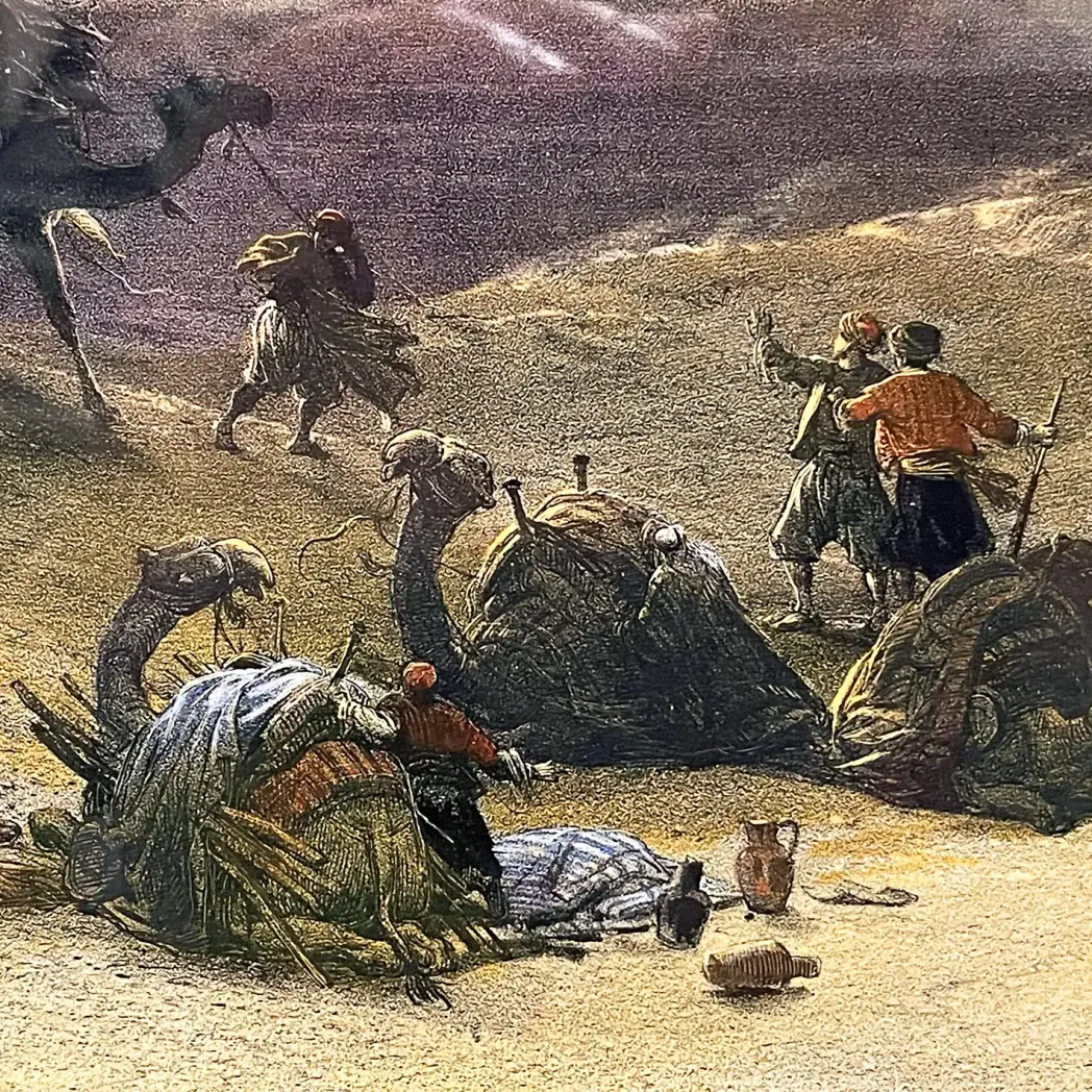 Дэвид Робертс, Луи Хаге — Приближение симума, пустыня Гизы, фрагмент 1, 1849 (Тонированная и вручную раскрашенная литография)