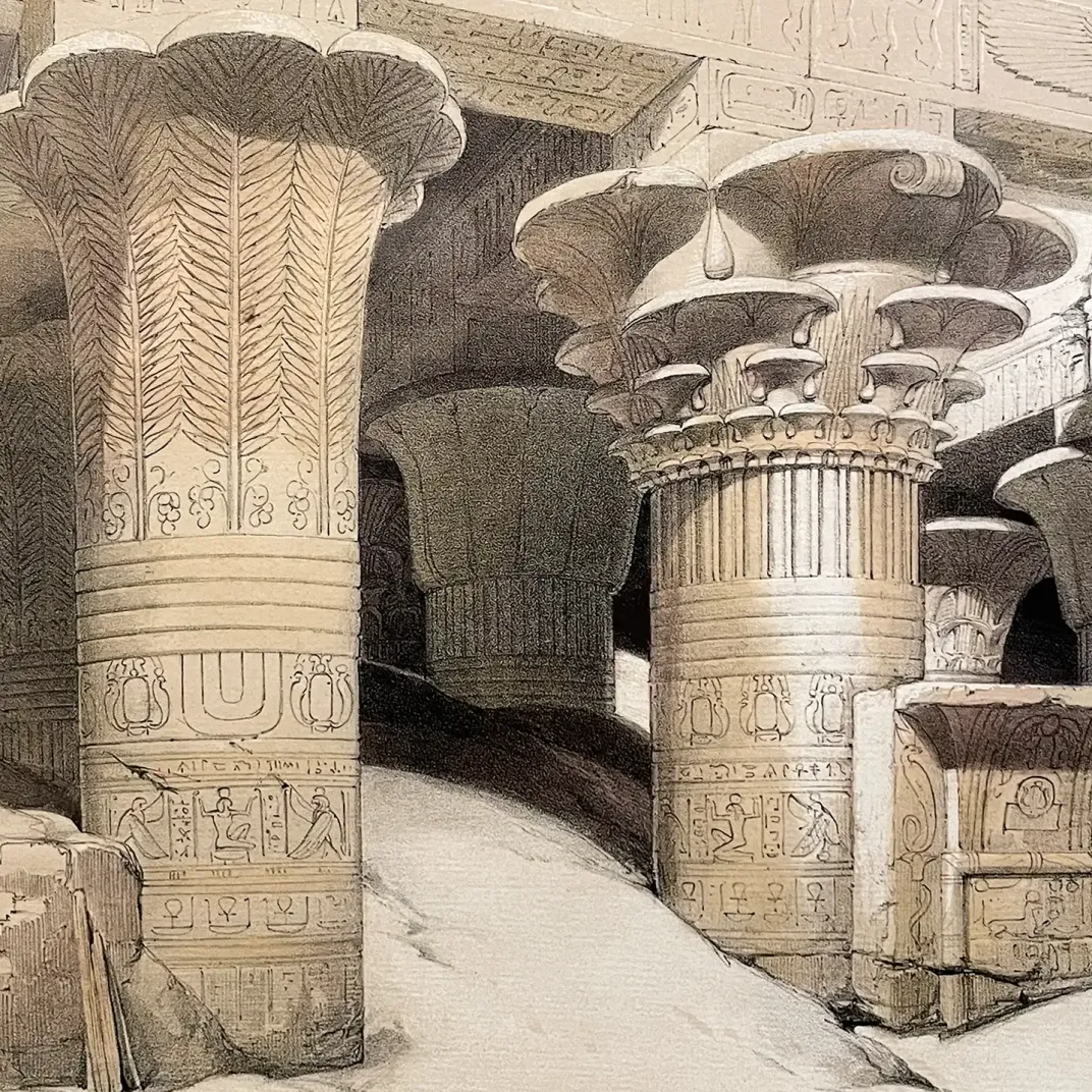 Дэвид Робертс, Луи Хаге — Руины Ком-Омбо, фрагмент 2, 1846 (тонированная и вручную раскрашенная литография)