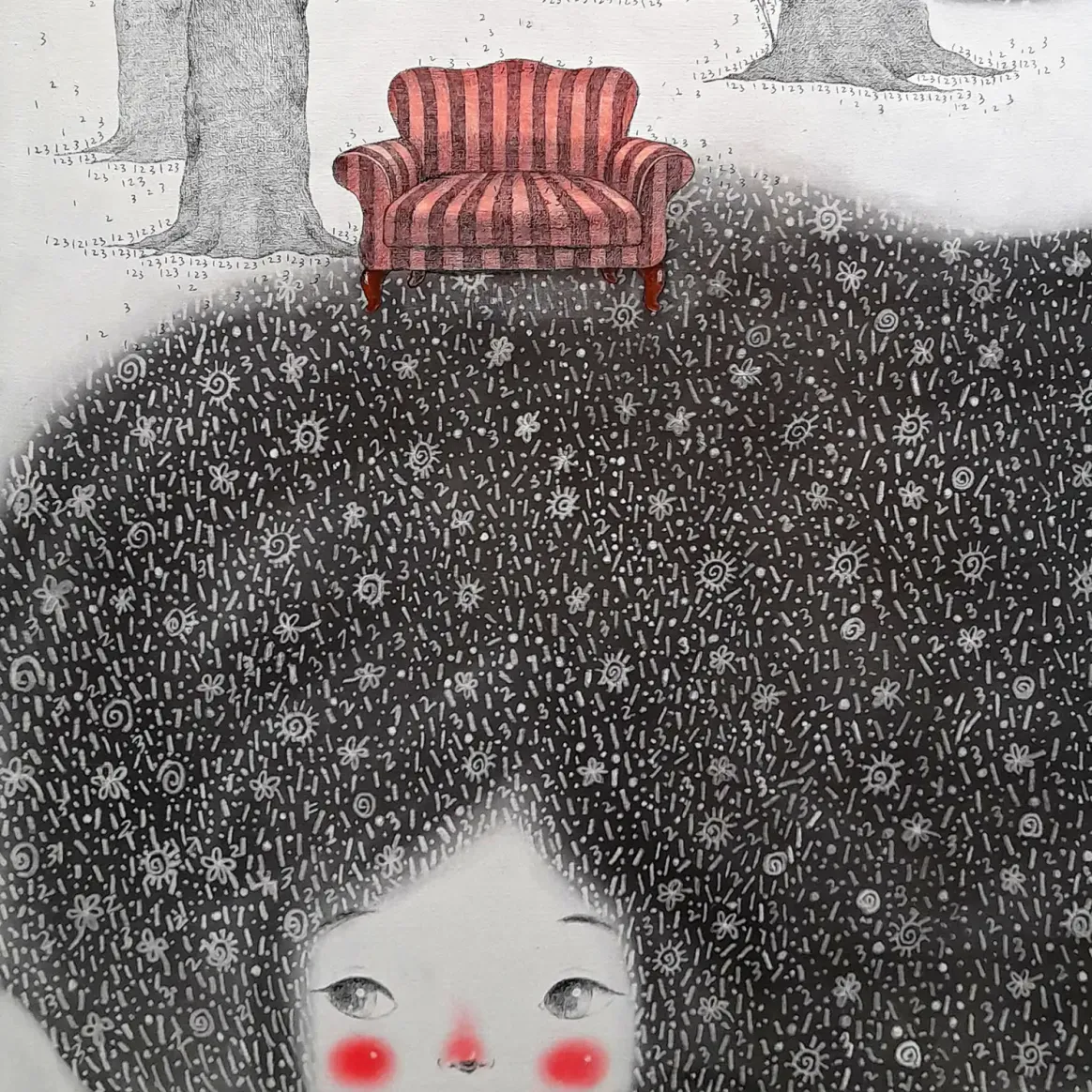 Джини Ким — Своя комната, 2025 (уголь, карандаш, деревянная панель)