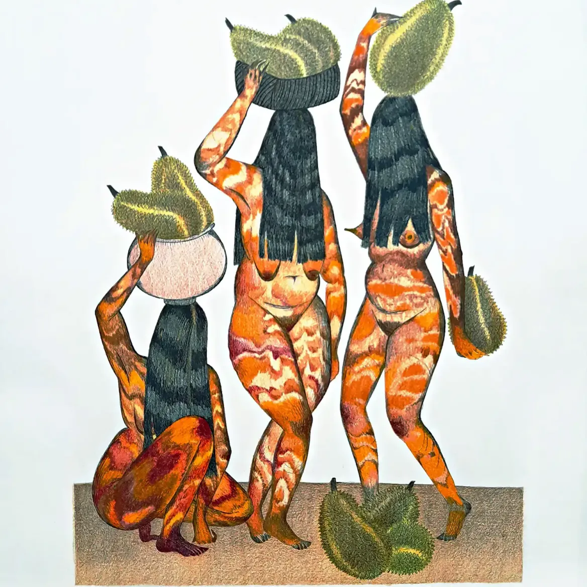 Мариголд Сантос — фиолетовые тона, 2025 (Офорт на бумаге, раскрашенный вручную цветным карандашом)