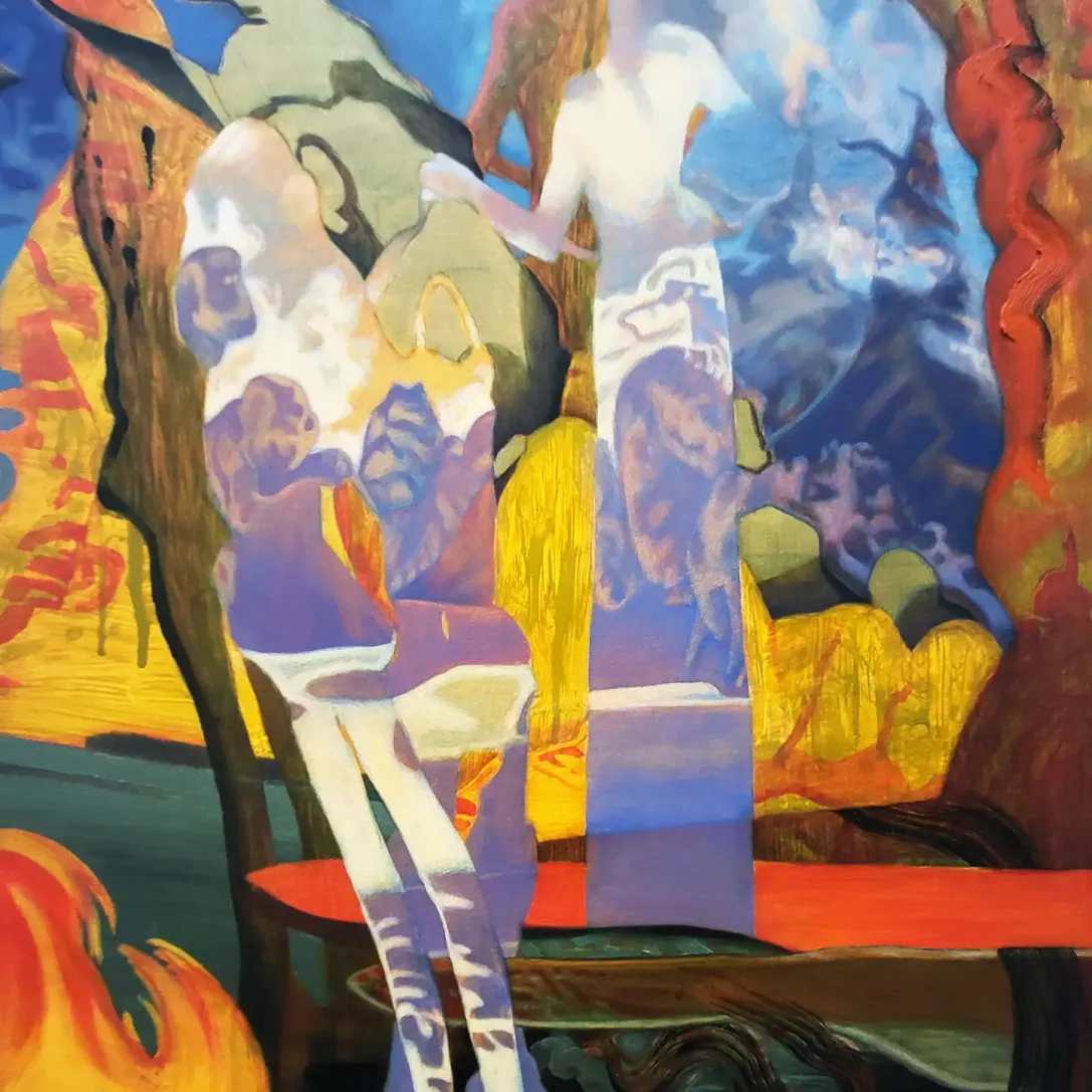 Николь Крозье — Кучи, простыни, вуали, глаза, привет? Привет? Куда ты плывёшь? 2025 (акрил и масло на дубовой панели)