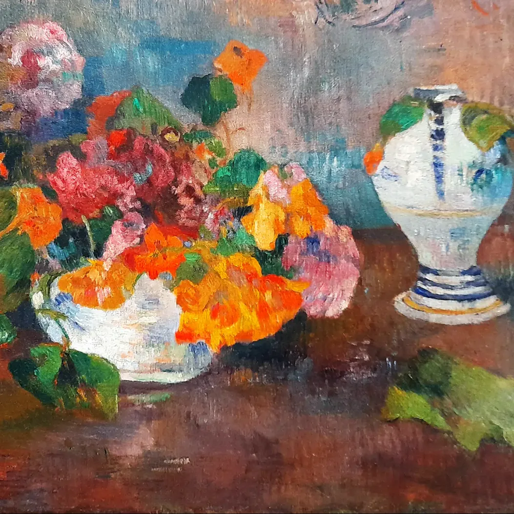 Поль Гоген — Ваза с настурциями и кувшин из кимперской фаянсовой керамики, 1886 (холст, масло)