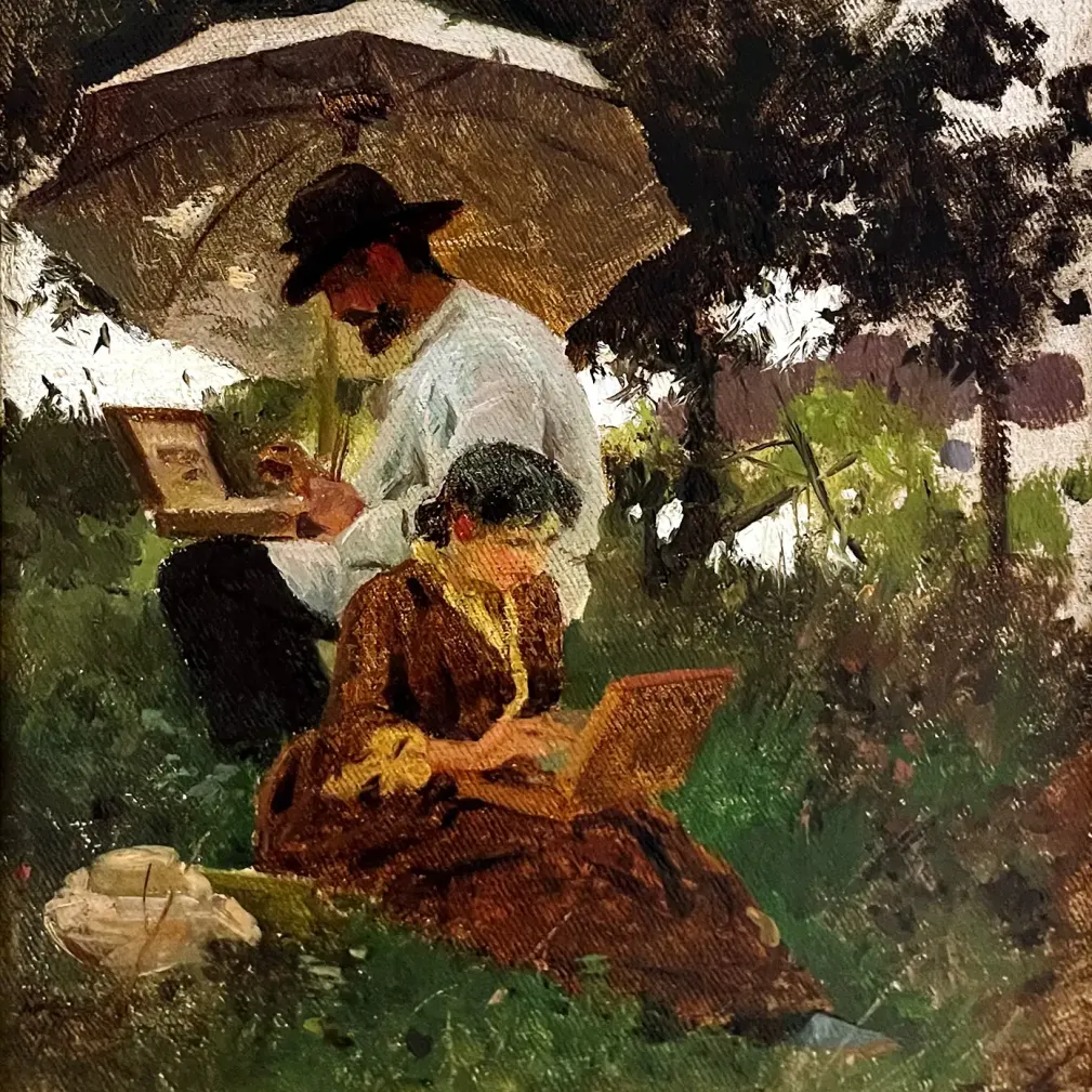 Алексей Степанов — Исаак Левитан и Софья Кувшинникова работают на пленэре, 1887–1888 (холст, масло)