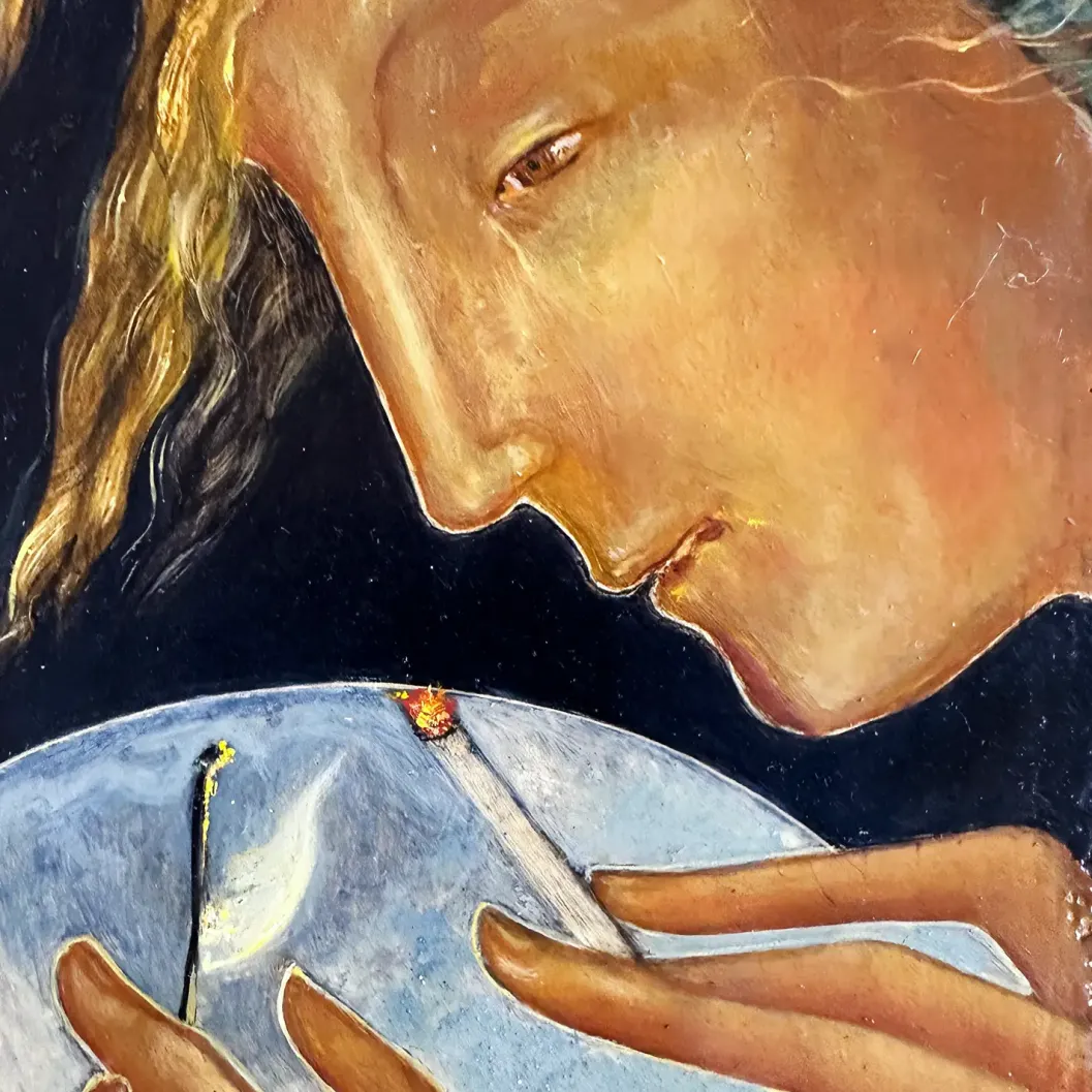 Герасим Антарин — Курящий на мосту, фрагмент (темпера и масло на дереве)