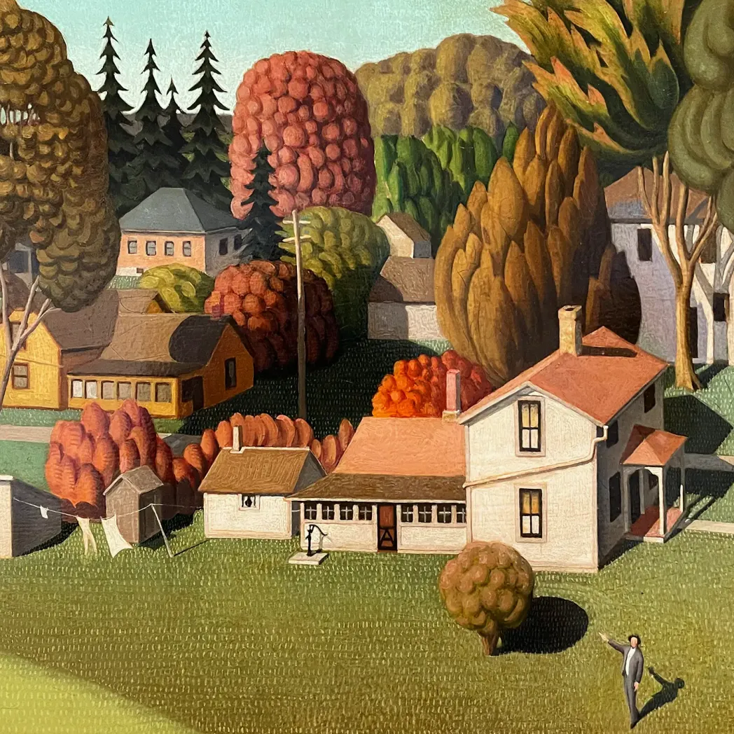 Грант Вуд — Место рождения Герберта Гувера, Уэст-Бранч, Айова, фрагмент, 1931 (холст, масло)