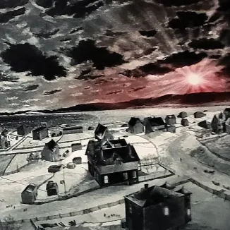 Дэвид Блэквуд — Воздушный змей дяди Клани над Уэсливиллом, 1989 (офорт и акватинта на бумаге; авторский оттиск)